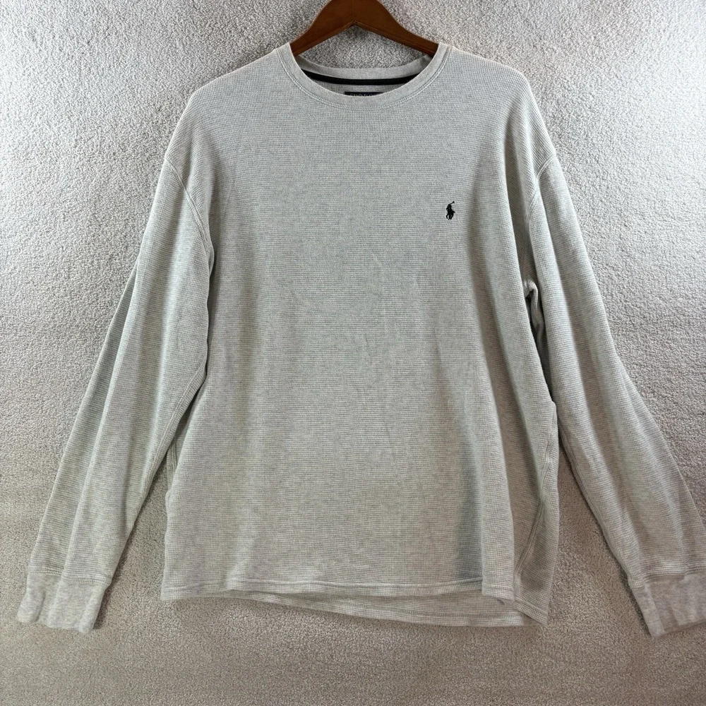 Polo Ralph Lauren Mens 2XL Ivory Heather Navy Pony Waffle Knit Long Sleeve Shirt